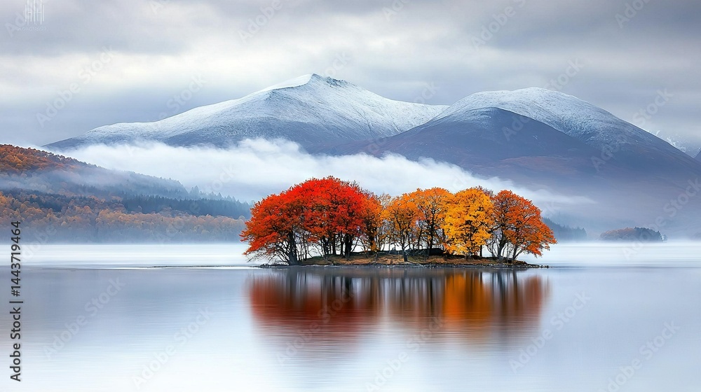 Poster a small island in a lake, surrounded by trees in the foreground and a mountain range in the back