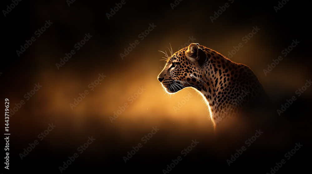 Poster a close-up shot of a cheetah's face on a dark background with illumination shining from behind it