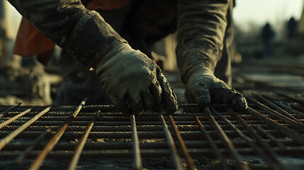 Construction Worker Handling Reinforcement Steel Bars