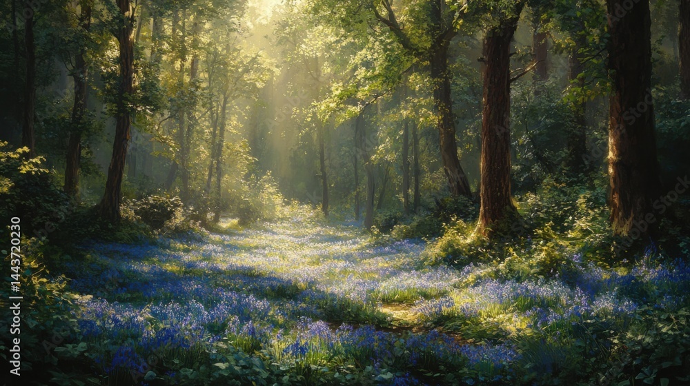 Poster a dense forest with a carpet of bluebells in spring, sunlight filtering through the trees