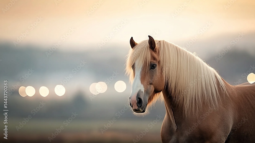 Poster a sharp focus on a horse against a hazy sky and distant, indistinct background lights