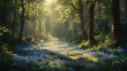 Naklejka premium A dense forest with a carpet of bluebells in spring, sunlight filtering through the trees 