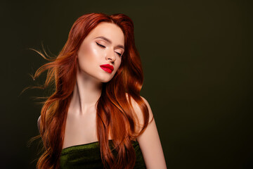 Fototapeta premium Studio portrait of stunning adorable lady wear makeup glamour party empty space isolated khaki color background