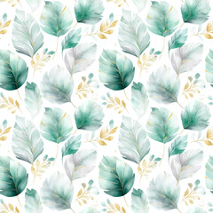 Elegant Pattern of Leaves in Green and Gold Tones on White Background
