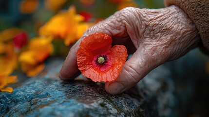 Wrinkled hand holding a vibrant poppy flower on stone