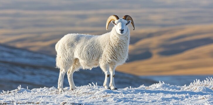 In a serene winter landscape, a majestic ram with impressive horns stands out against the snowy surroundings