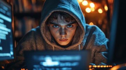 Focused young man in hoodie working on multiple computer screens in a dark room, illuminated by code and moody lighting, suggesting cybersecurity or hacking theme..