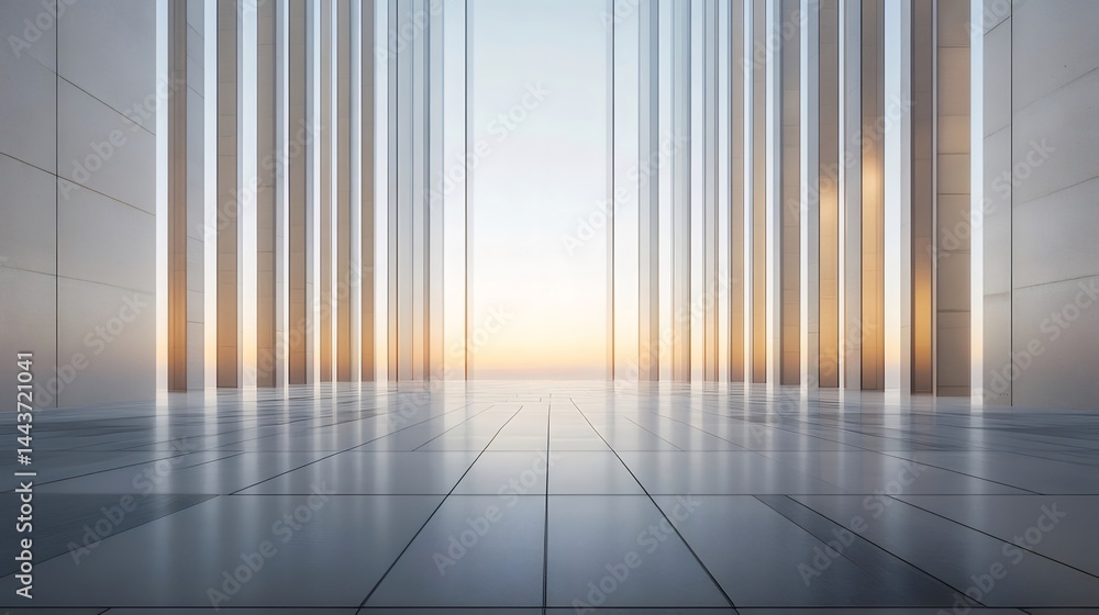 Poster 光の柱が並ぶ未来的な建築空間 夕焼けの空とモダンなデザインの背景