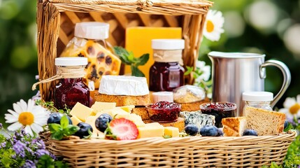   A wicker picnic basket brimming with jams, cheese, bread, and jams beside a steaming cup of tea