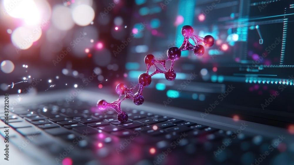 Poster molecular structure above laptop keyboard digital data science technology research