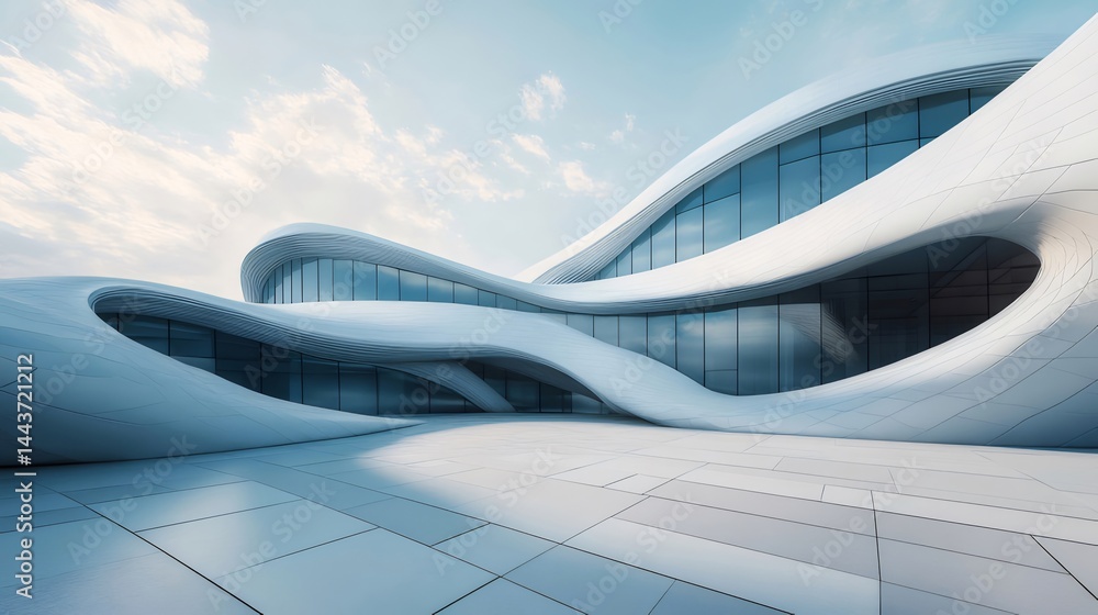 Poster 白い波状の建築構造物 青空の下に未来的なデザインの屋外環境