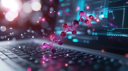 Molecular structure above laptop keyboard digital data science technology research