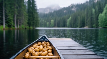 Canoe Filled with Golden Eggs Serene Nature Style High-Resolution Photo Close-up View Wooden Dock Rainy Day Adventure Mountain Lake Background Moody Atmospheric Ideal for Travel Ads