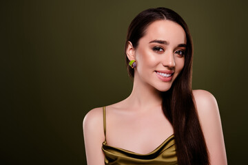 Fototapeta premium Photo of nice girl lady toothy smiling wear vogue style dress isolated green color background