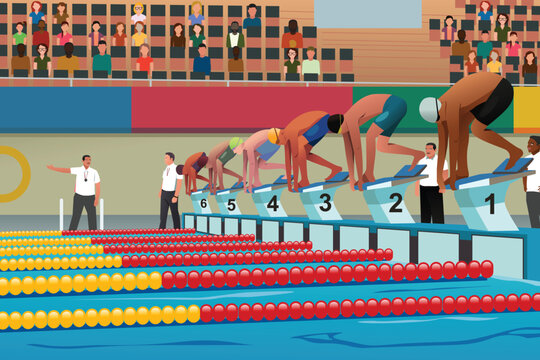 Men Swimming Competition Vector Illustration