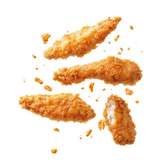 Fried chicken tenders flying isolated on white background. Crispy and delicious chicken strips with bread crumbs floating in air, isolated on white background. Fried chicken fingers
