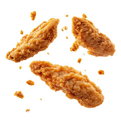 Fried chicken tenders flying isolated on white background. Crispy and delicious chicken strips with bread crumbs floating in air, isolated on white background. Fried chicken fingers