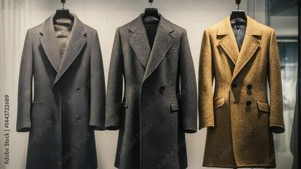 Poster coats displayed in a store window, various colors and styles