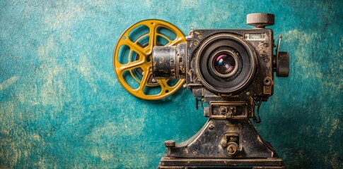 Fototapeta premium In a cozy indoor setting with soft lighting, a vintage film projector is positioned on a table against a blue background