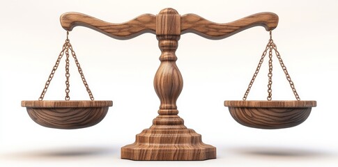 Justice and fairness in a legal setting are symbolized by a balance scale on a wooden base