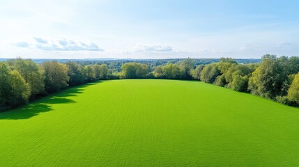 Aerial view of lush green field surrounded by dense forest, clear blue sky above, serene landscape composition, and nature and tranquility concept.