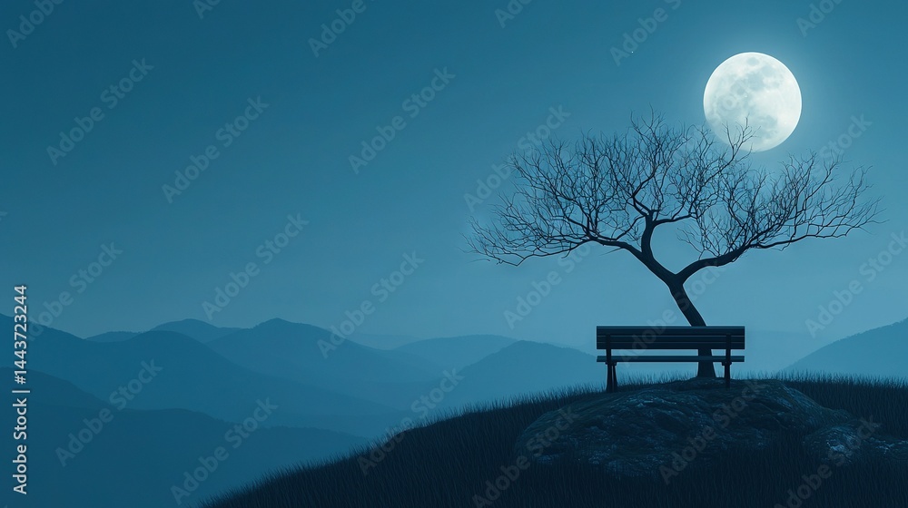 Poster a tree in the foreground is located near a bench on a hill with a full moon in the background