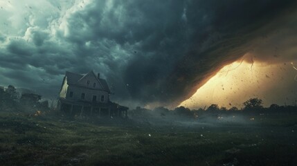Destructive twister approaching a dilapidated house