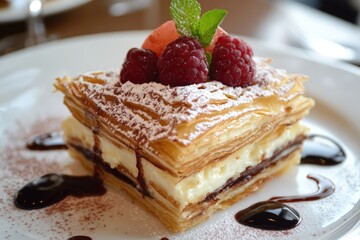 Puff pastry dessert on a plate, white background. AI generated illustration.