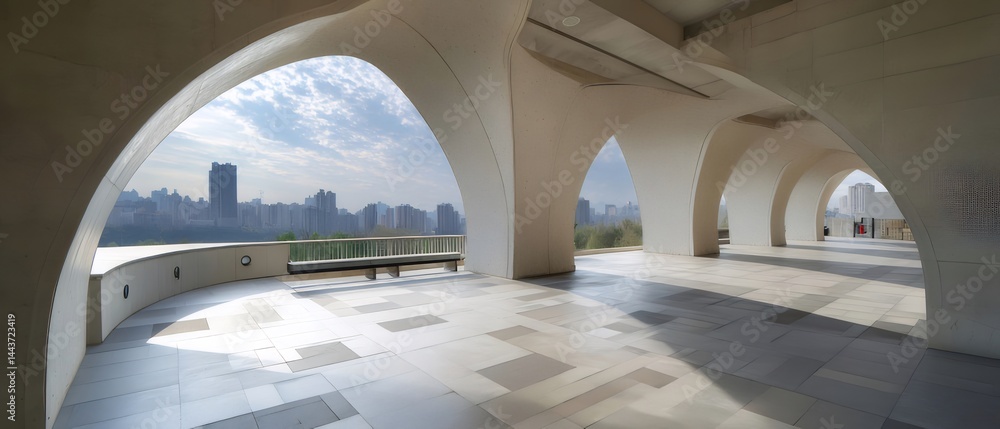 Aufkleber 白くアーチ状の建物から都市のパノラマ風景を望む日中の眺め 空と遠くの木々が見え幾何学模様の床と柔らかな光