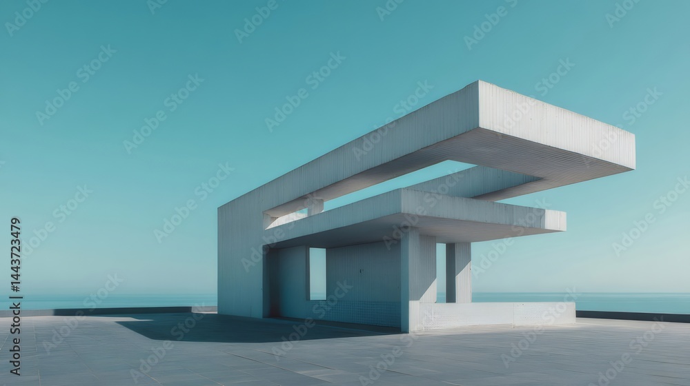 Aufkleber コンクリート建築のミニマリストデザイン青空と海の背景に浮かぶ屋外構造物