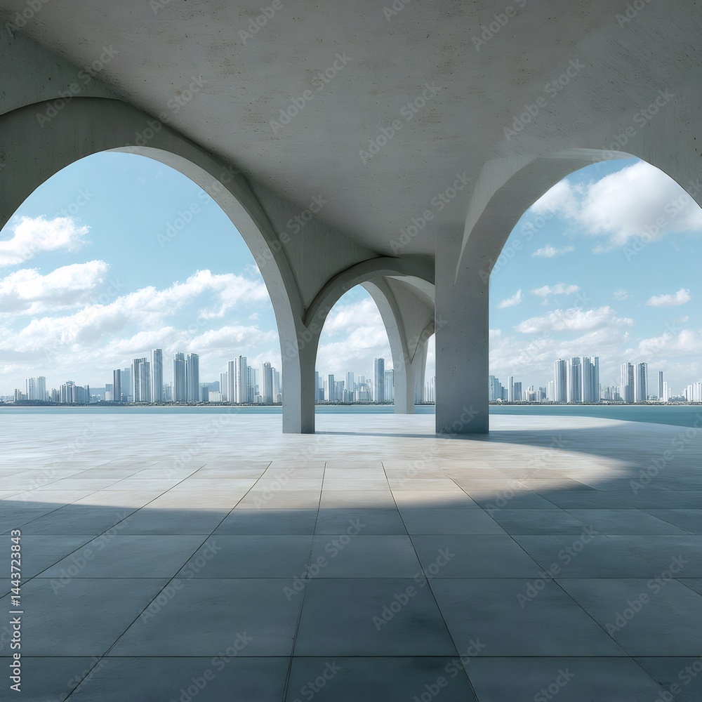 Poster 広々としたアーチ状のコンクリート構造物と青空の下の都市風景のパノラマビュー