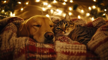 Golden retriever and tabby cat sleeping cozy warm blanket christmas lights dog pet pets cute love