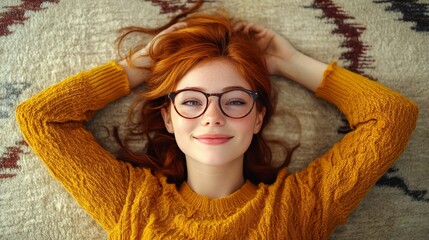 Redhead smiles lying on floor.
