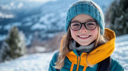 Girl climber with glasses, winter mountain trip.