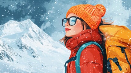 Mountain girl, glasses, winter climb.