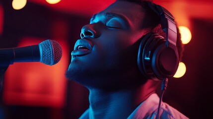 Male singer recording song with headphones.