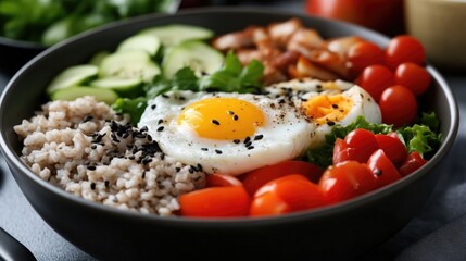 Healthy bowl with grains, eggs, veggies, and protein