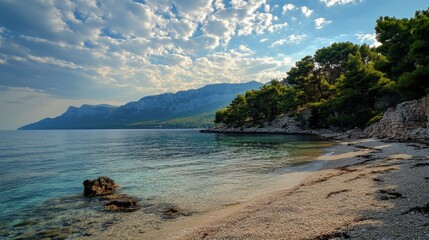 Peaceful beach walk, summer clouds.