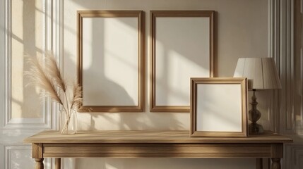 Frames are on the wooden table in the bedroom.
