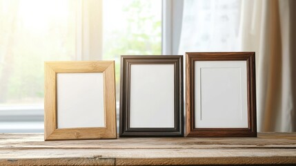 Frames on wood table, bedroom.
