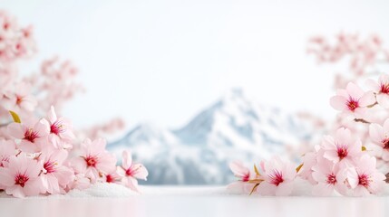 Delicate spring blossoms, snow-capped mountains