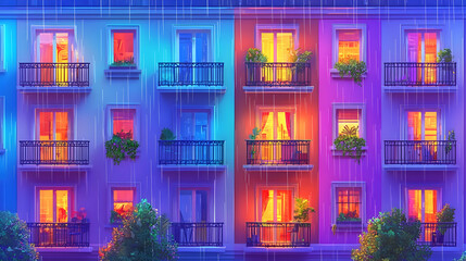 Rainy night city apartment building, illuminated windows, cozy atmosphere, perfect for website background