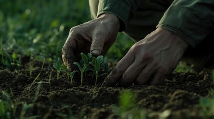 A realistic close-up photograph of a farmerâ€™s hands gently planting young seedlings into rich soil in a lush green field, with tiny details of dirt and roots visible, capturing.