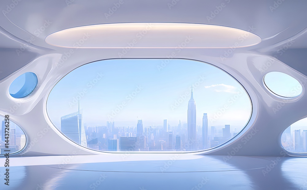 Aufkleber 未来的な建築デザインの窓から見える青空都市景観 晴れた日のモダンなインテリアと都会のスカイライン