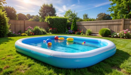 Inflatable swimming pool enjoying summer sun in backyard garden
