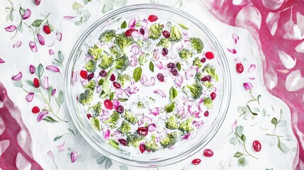 Naklejka premium A top-down, realistic shot of a large glass bowl filled with vibrant, small cut chopped broccoli salad with Greek yogurt dressing. The salad has small-cut broccoli (chopped.