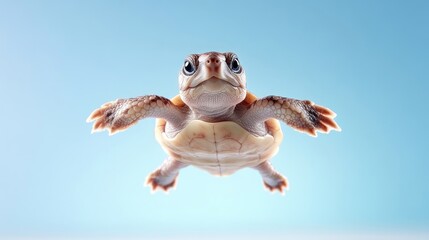 Tiny turtle in mid-air,  a captivating image of a young turtle seemingly defying gravity.  Close-up, vibrant colors,  nature's wonder