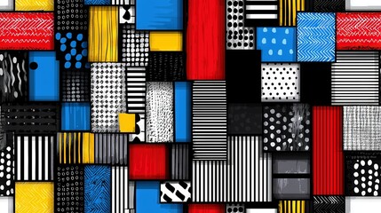 Fototapeta premium An intricate multicolor design consisting of alternating black-white stripes with overlapping red, blue, and yellow dots