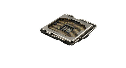 Close-up of computer CPU chip isolated on white background, ideal for tech hardware visuals, electronic component illustrations, processor product showcases, and digital innovation themes