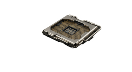 Close-up of computer CPU chip isolated on white background, ideal for tech hardware visuals, electronic component illustrations, processor product showcases, and digital innovation themes